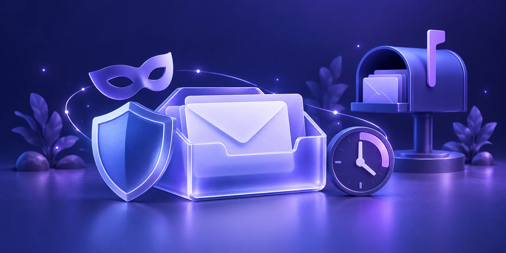 Indigo and violet 3D illustration of a temporary inbox, privacy mask, security shield, clock, and a separate durable mailbox.