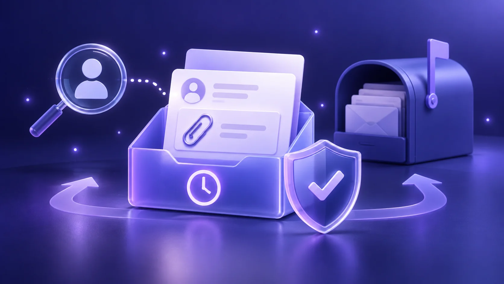 Indigo and violet 3D illustration of a temporary inbox with an attachment card, security shield, and durable archive mailbox.
