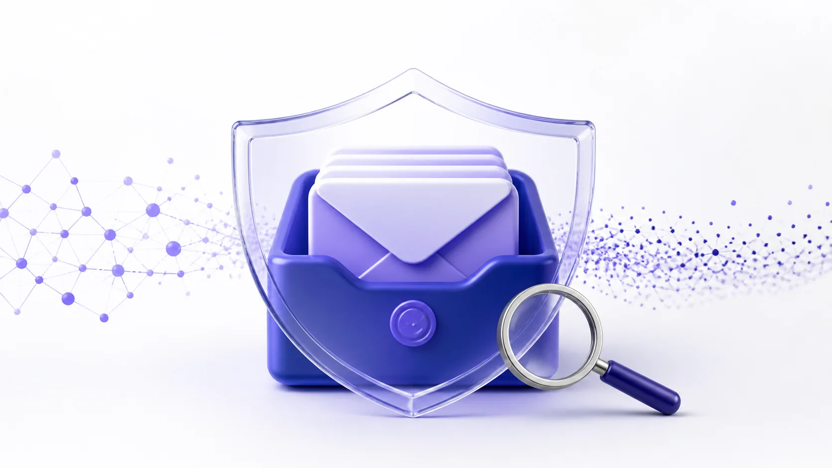 3D temporary inbox inside a translucent privacy shield with a magnifying glass and abstract network dots