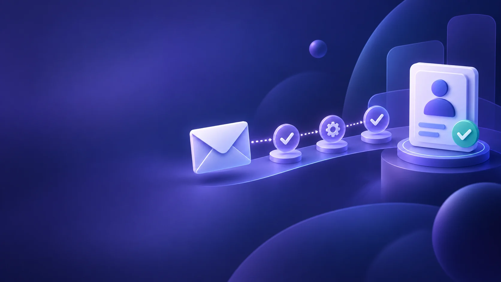 Indigo and violet editorial illustration of a verification email moving through clear checkpoints toward a protected account profile.