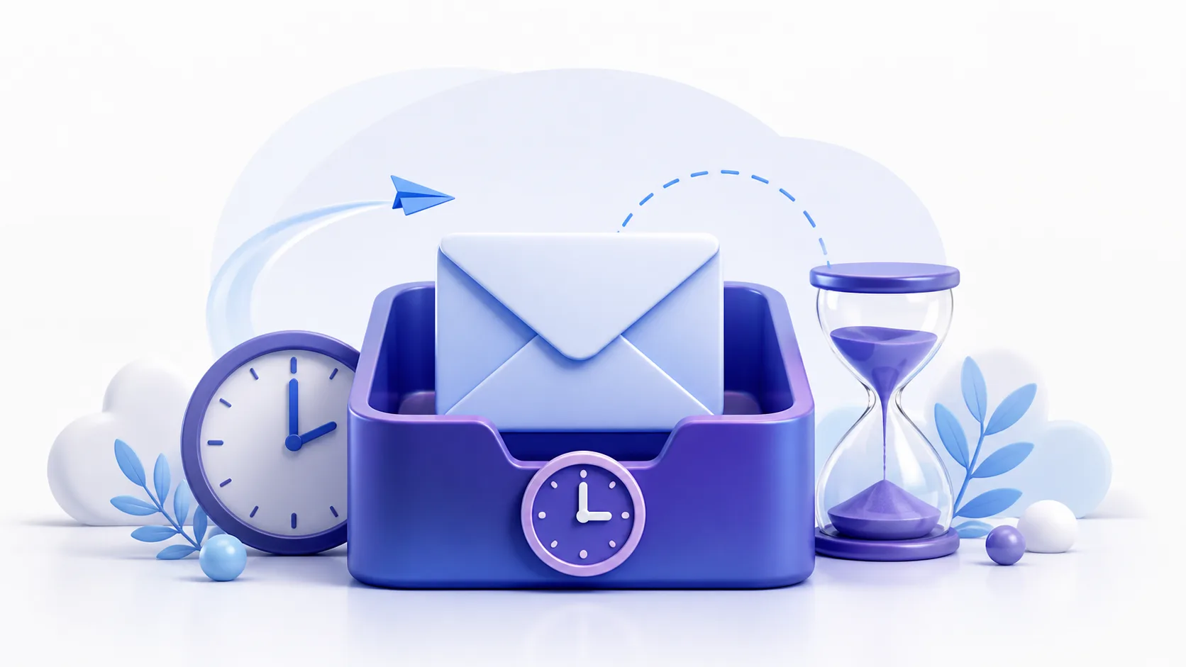 3D illustration of a temporary inbox with clocks and an hourglass