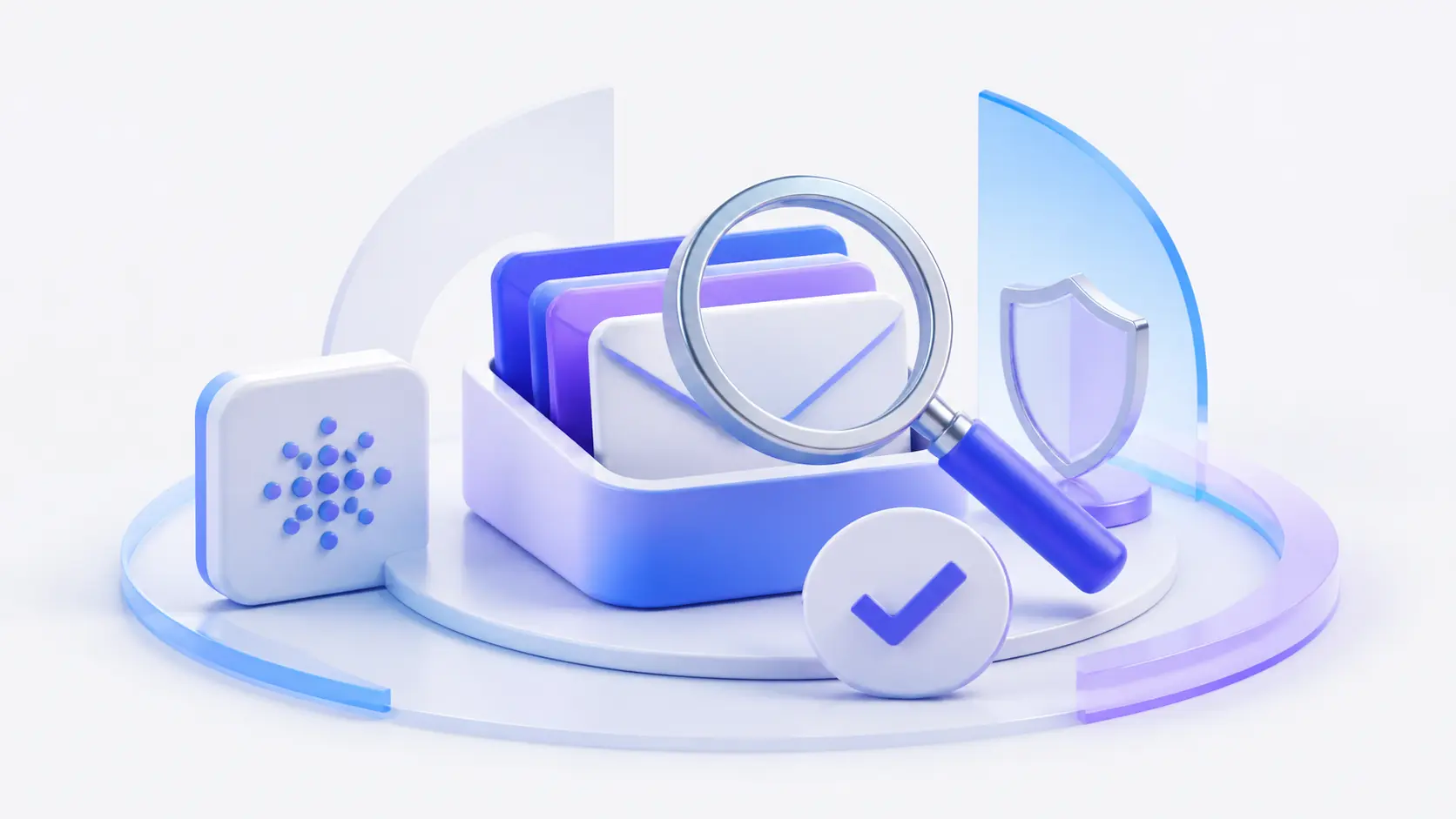 3D illustration of an email inbox examined with a magnifying glass, domain tile, shield, and checkmark