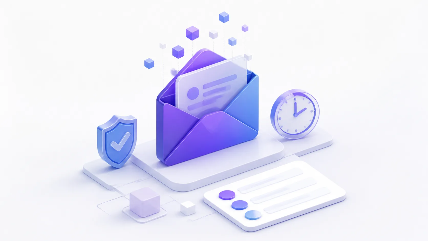 3D illustration of a temporary email inbox with a shield and clock