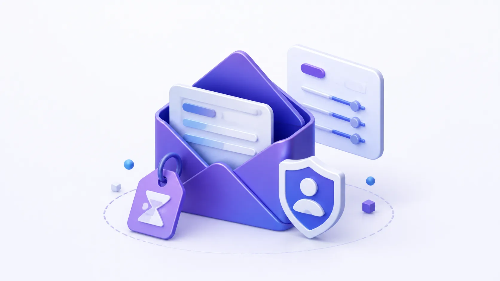 3D illustration of a burner email inbox with a one-use tag, privacy shield, and settings card