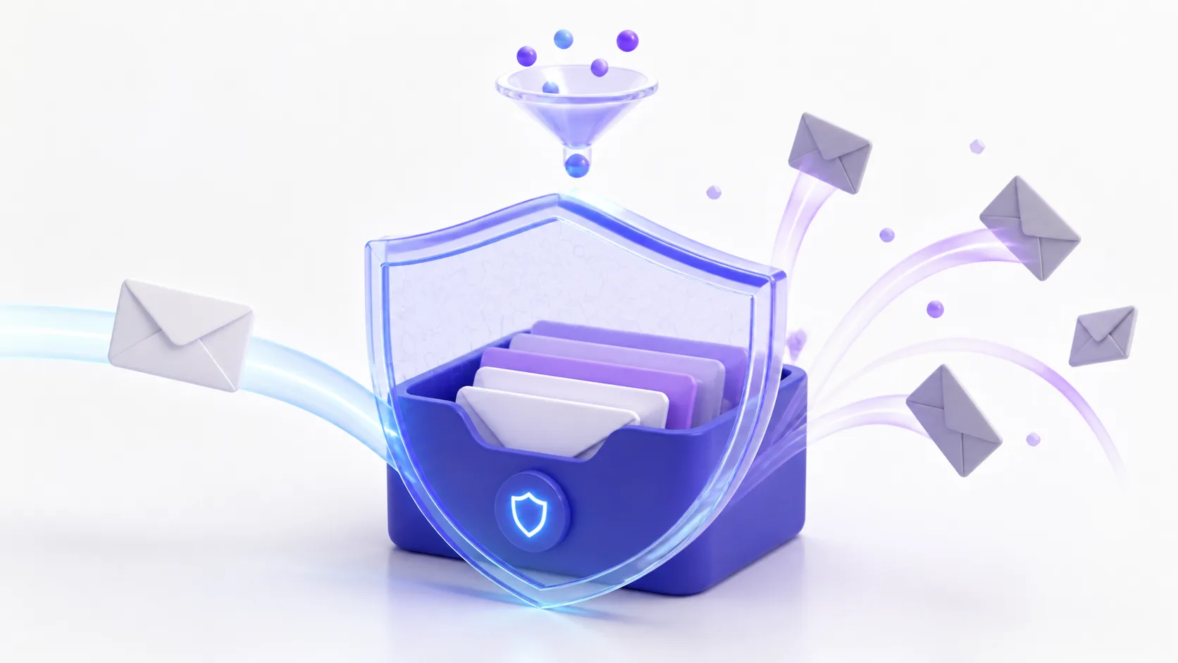 3D illustration of an email inbox protected by a shield while unwanted envelopes are filtered away