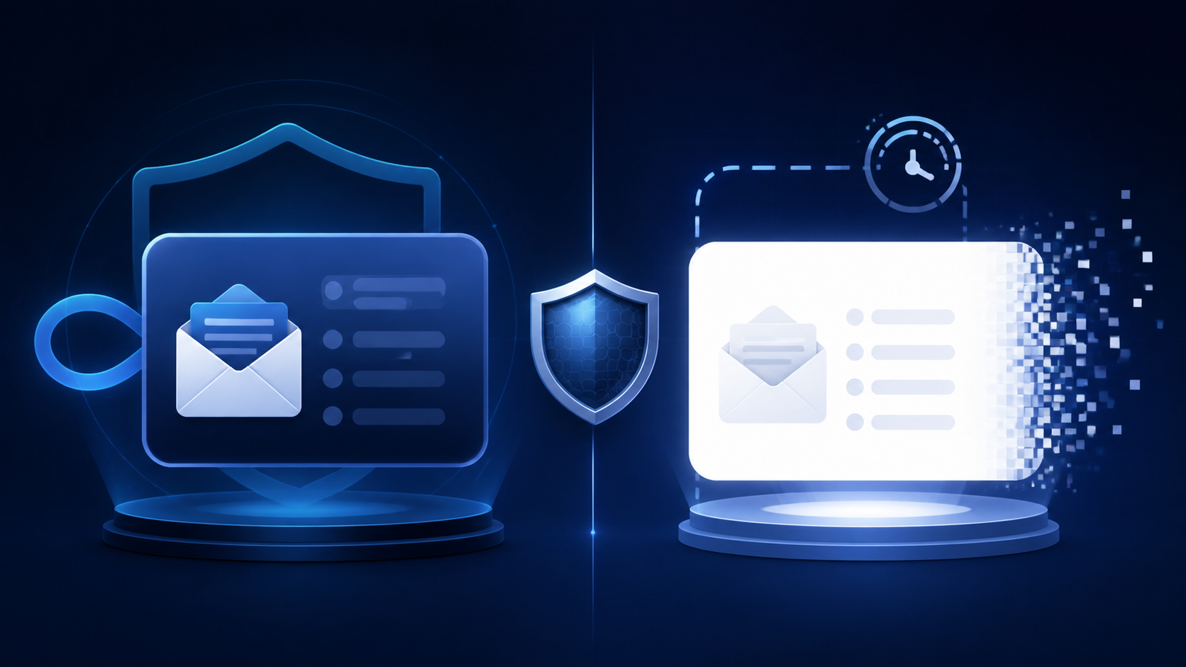 Abstract comparison of a permanent email inbox and a temporary inbox with a privacy shield