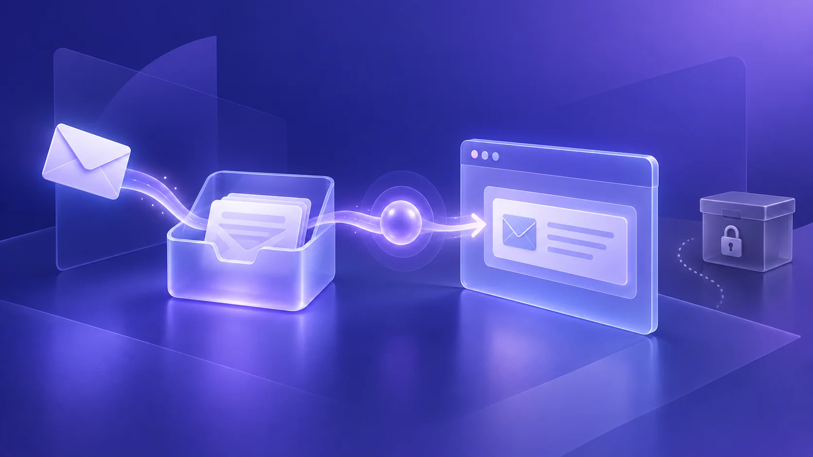 Indigo and violet illustration of a temporary inbox delivering an email through an active browser session, with a separate archive symbol showing it is not permanent storage.
