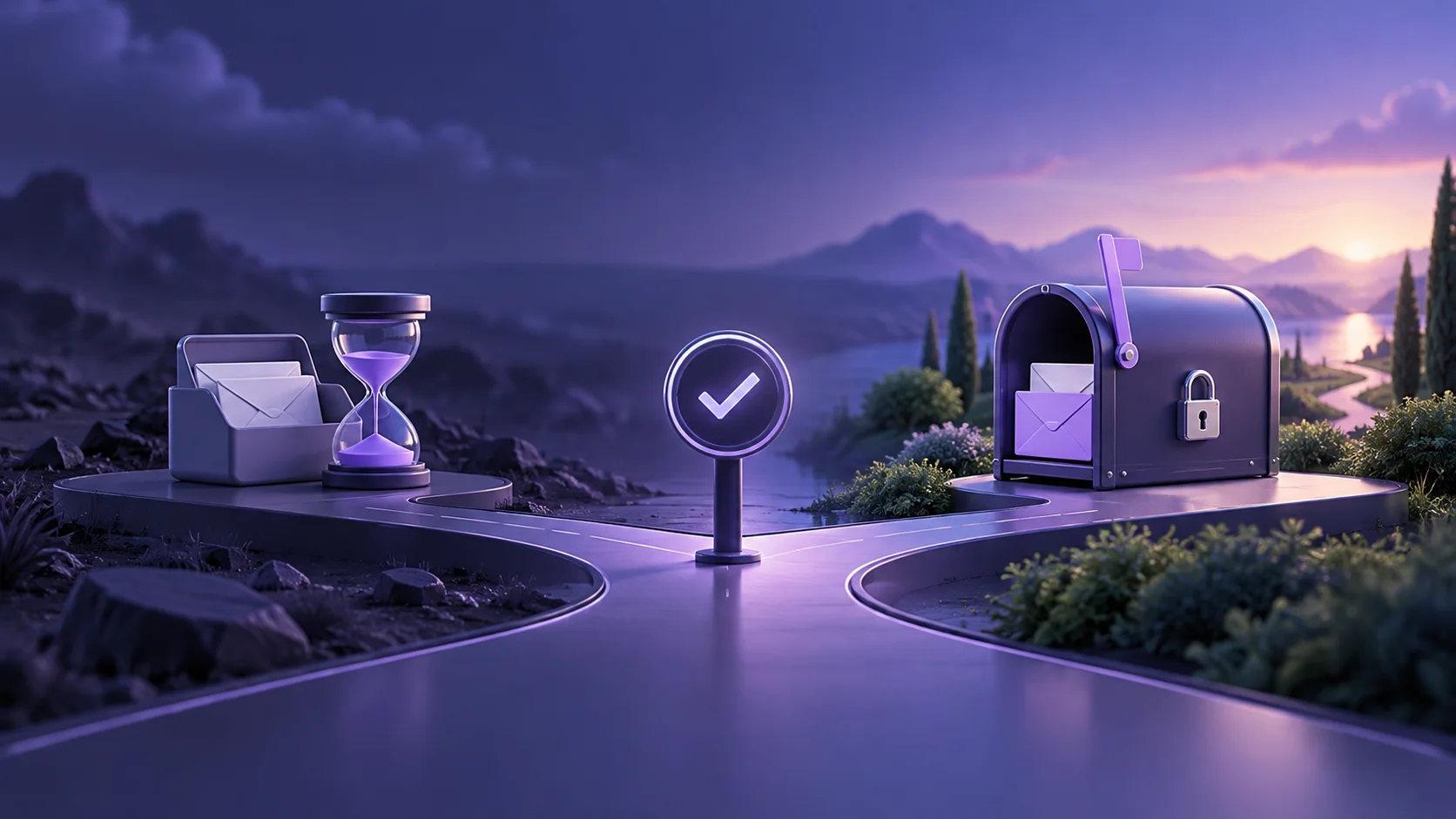 Indigo-violet editorial illustration of a temporary inbox beside a distinct secure permanent mailbox with a decision checkpoint.