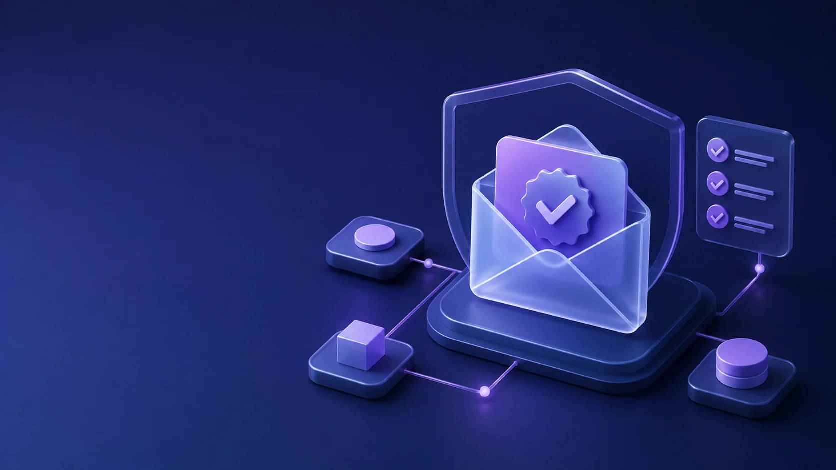 Indigo and violet editorial illustration of a test inbox receiving a verification message, with simple QA checklist markers and controlled workflow nodes.