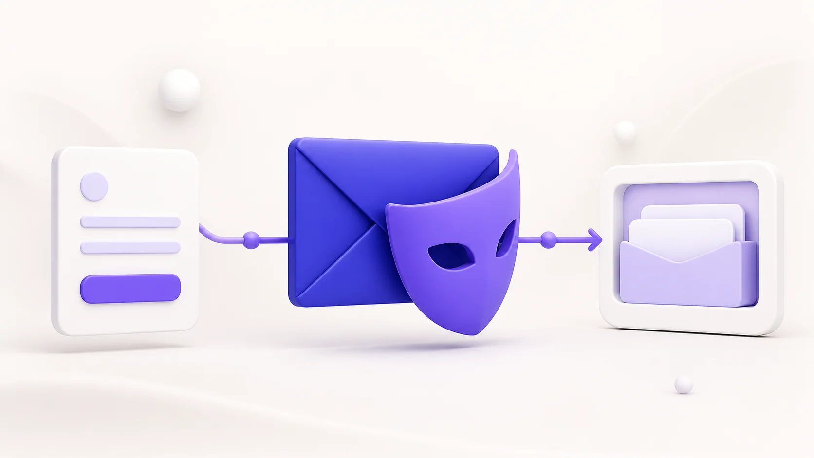 3D illustration of an email mask protecting a message as it travels from a signup form to a private inbox