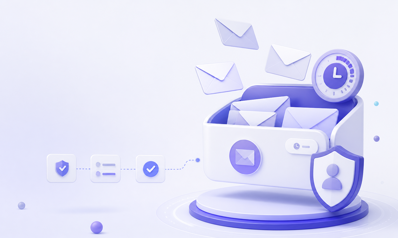 A temporary receive-only inbox with incoming envelopes, a timer, and privacy symbols.