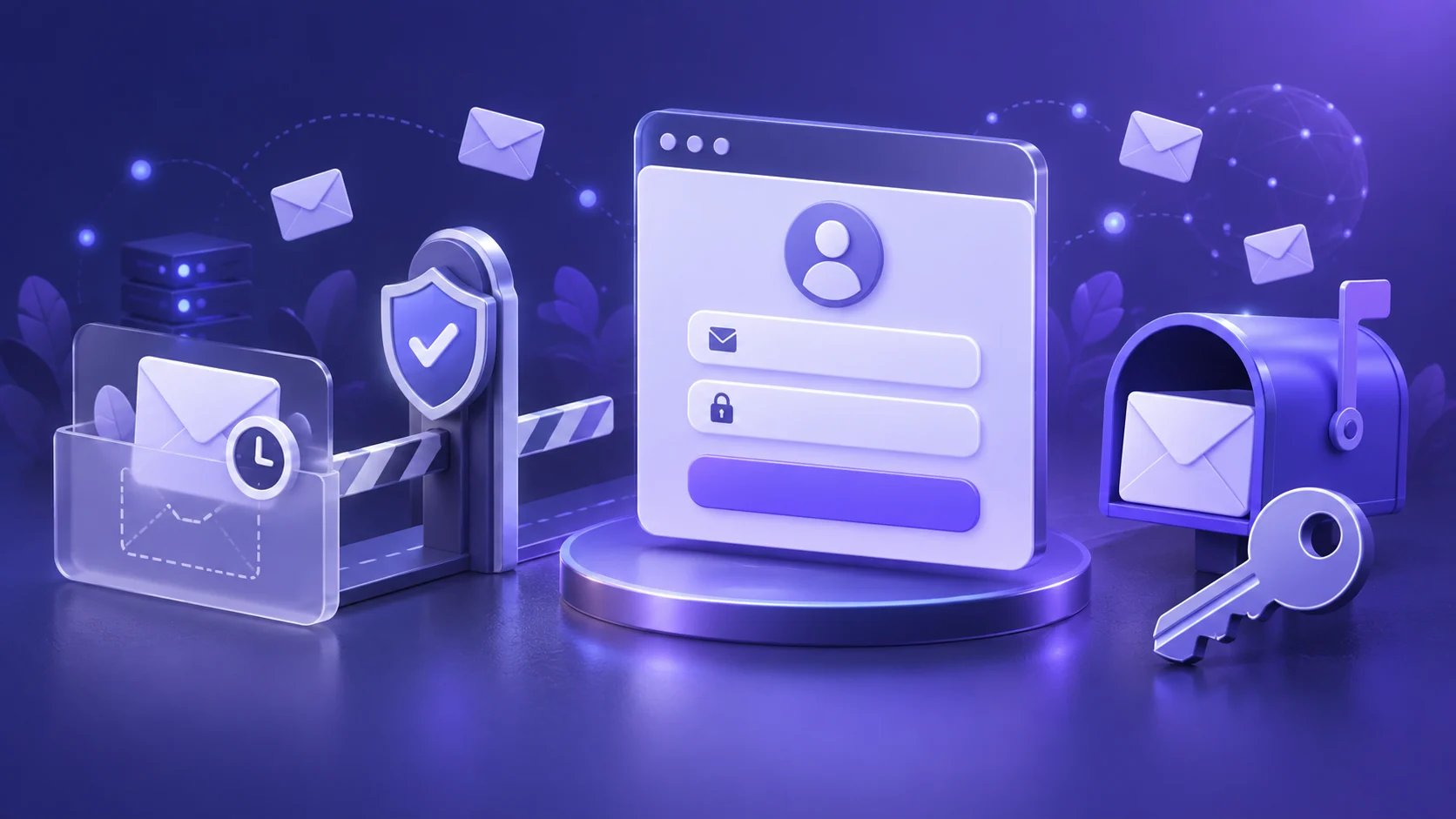 Indigo and violet editorial illustration of a website signup policy gate between a temporary inbox and a secure account.